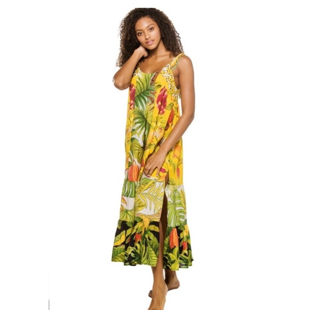 FARM Rio Mixed Prints Patch Maxi Dress Beaded Straps Tropical Fruit Size XL - Picture 2 of 16